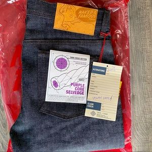 Men’s Naked and Famous Purple Core raw denim jeans, VEGAN patch!